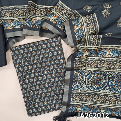 Black semi gicha unstitched salwar material, digital printed with faux mirror work on front (Thin, Lining Needed) silk cotton bottom, digital printed soft silk cotton dupatta with thin tissue borders. JA262012