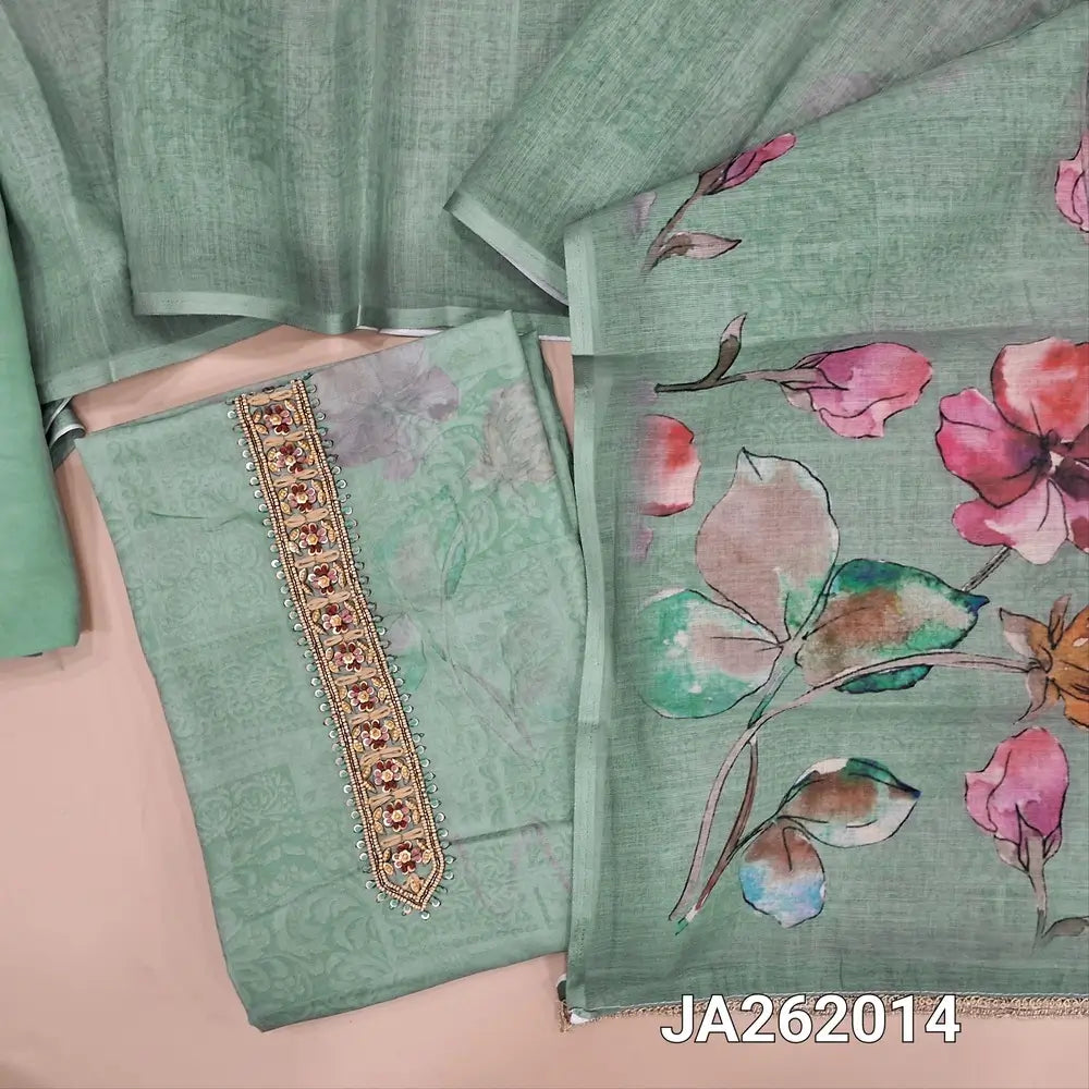 Blueish Grey premium semi linen unstitched salwar material, bead and sequins work on yoke, digital prints highlighted sequins work on daman (Textured, Lining Needed) Matching santoon bottom, Digital printed semi linen dupatta. JA262014