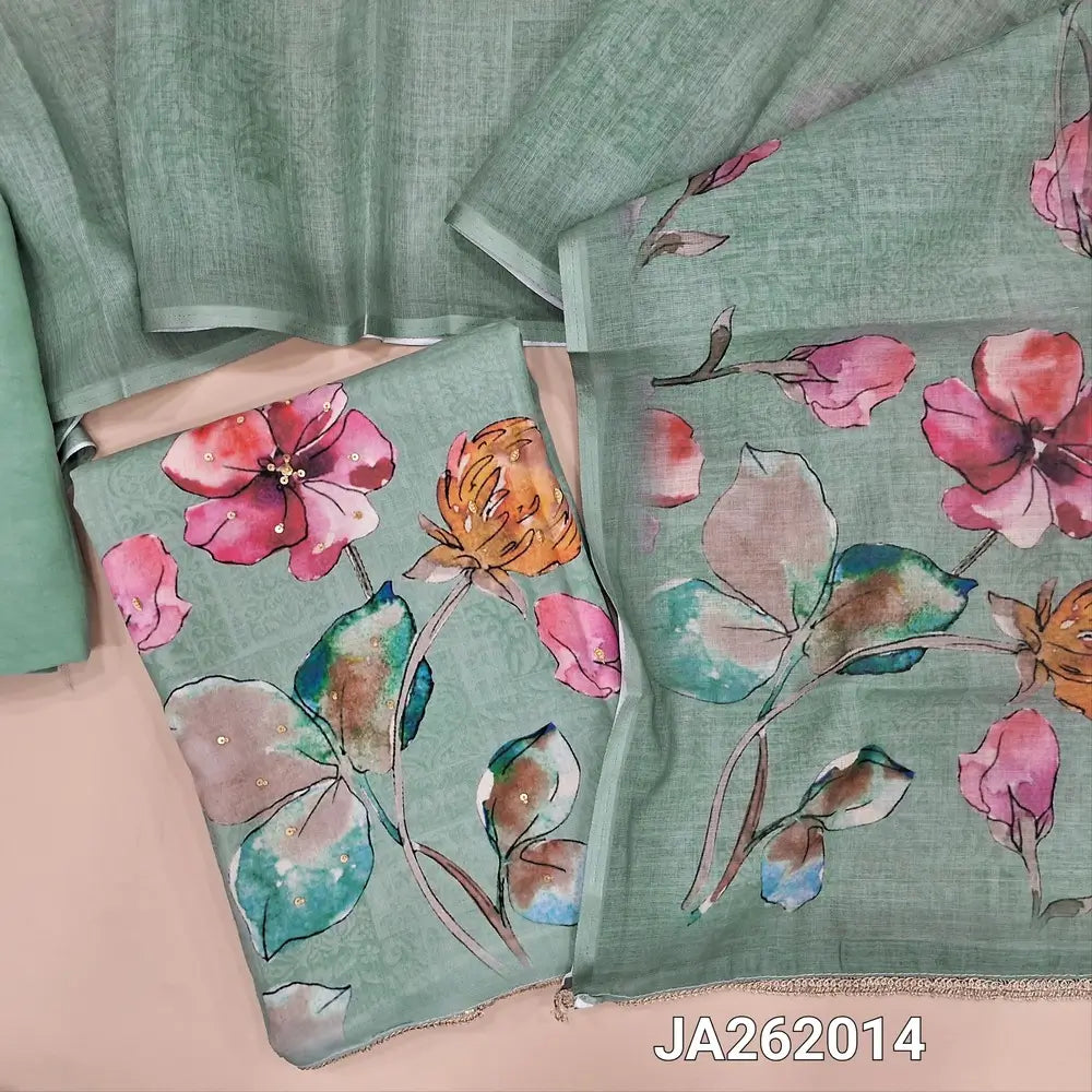 Blueish Grey premium semi linen unstitched salwar material, bead and sequins work on yoke, digital prints highlighted sequins work on daman (Textured, Lining Needed) Matching santoon bottom, Digital printed semi linen dupatta. JA262014