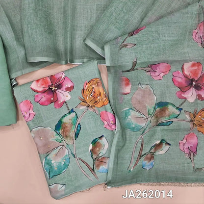 Blueish Grey premium semi linen unstitched salwar material, bead and sequins work on yoke, digital prints highlighted sequins work on daman (Textured, Lining Needed) Matching santoon bottom, Digital printed semi linen dupatta. JA262014