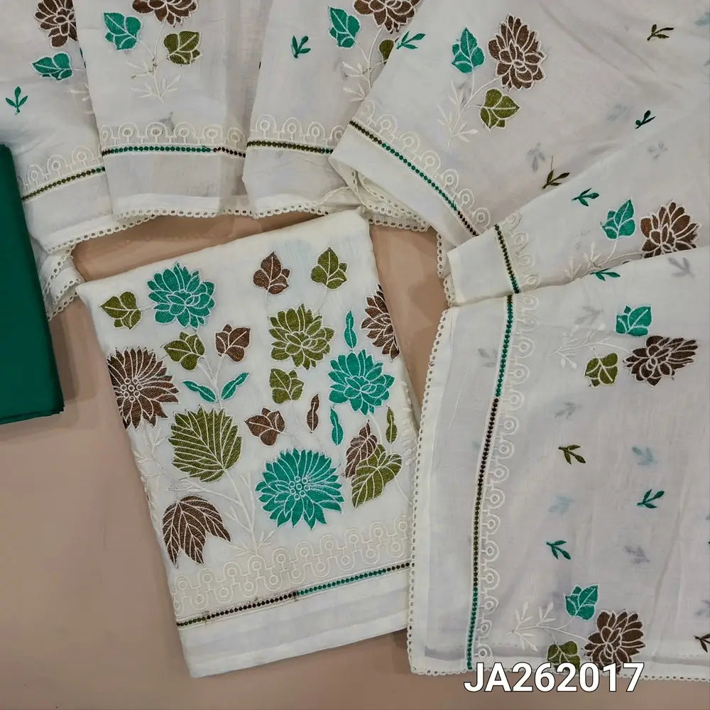 Half white base embroidered chanderi silk cotton unstitched salwar material, rich embroidered daman with scallop detailing (Thin, Lining Needed) Dark teal blue silk cotton bottom, embroidered chanderi silk cotton dupatta. JA262017