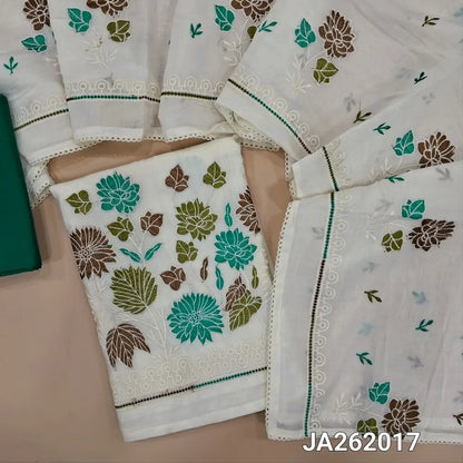 Half white base embroidered chanderi silk cotton unstitched salwar material, rich embroidered daman with scallop detailing (Thin, Lining Needed) Dark teal blue silk cotton bottom, embroidered chanderi silk cotton dupatta. JA262017
