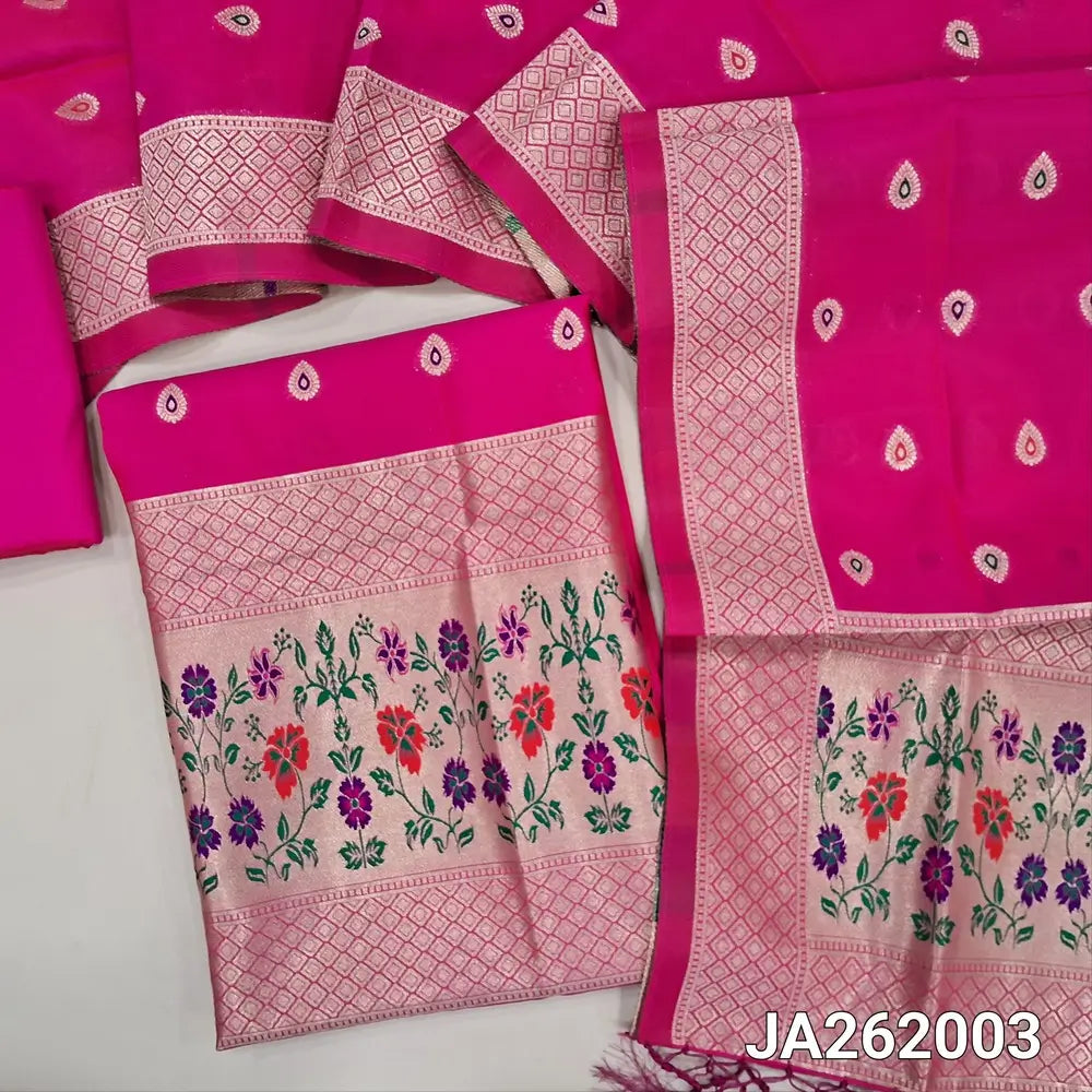 Bright Pink benarasi zari woven silk cotton unstitched salwar material (Silky, Lining Needed) Rich meenakari work on daman, zari weaving on sleeves, Matching silk cotton bottom, benarasi zari woven dupatta. JA262003