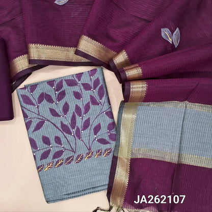 Designer light Grey Premium Maheshwari silk unstitched salwar material(lining needed) hand brush paint design on front, beetroot purple cotton bottom, dual shade brush paint work on premium Maheshwari silk full length dupatta with tassels . JA262107
