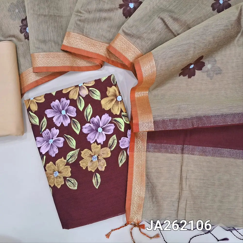 Designer dark Maroon Premium Maheshwari silk unstitched salwar material(lining needed) hand brush paint design on front, beige cotton bottom, dual shade brush paint work on premium Maheshwari silk full length dupatta with tassels.JA262106