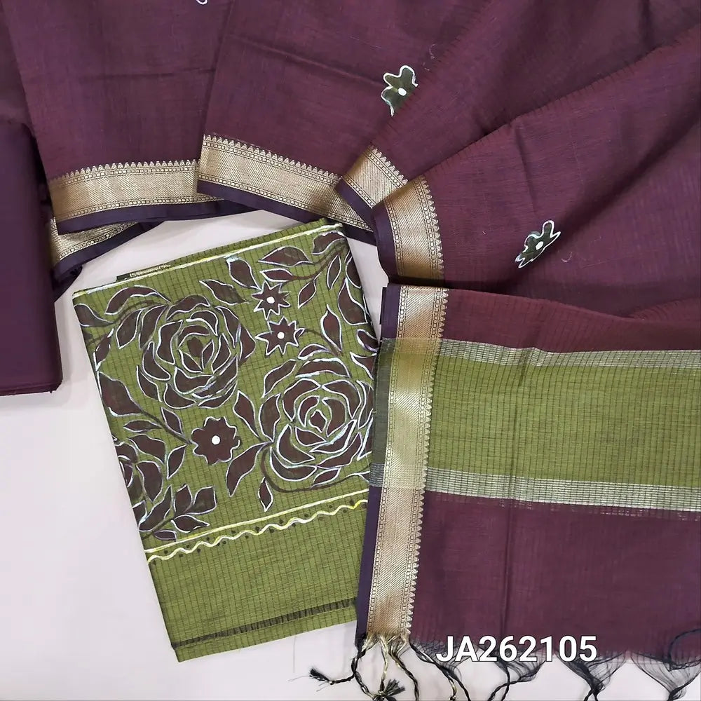 Designer leafy Green Premium Maheshwari silk unstitched salwar material(lining needed) hand brush paint design on front, dark maroon cotton bottom, dual shade brush paint work on premium Maheshwari silk full length dupatta with tassels.JA262105