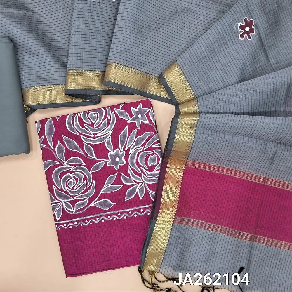 Designer rani Pink Premium Maheshwari silk unstitched salwar material(lining needed) hand brush paint design on front, grey cotton bottom, dual shade brush paint work on premium Maheshwari silk full length dupatta with tassels.JA262104