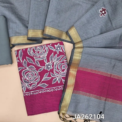 Designer rani Pink Premium Maheshwari silk unstitched salwar material(lining needed) hand brush paint design on front, grey cotton bottom, dual shade brush paint work on premium Maheshwari silk full length dupatta with tassels.JA262104