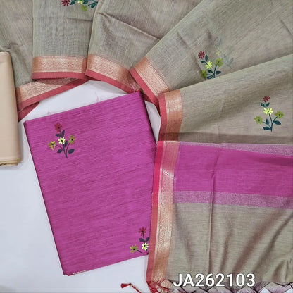 Designer lotus Pink Premium Maheshwari silk unstitched salwar material(lining needed) hand brush paint design on front, grey cotton bottom, dual shade brush paint work on premium Maheshwari silk full length dupatta with tassels.JA262103