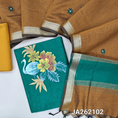 Designer teal green Premium Maheshwari silk unstitched salwar material(lining needed) hand brush paint design on front, mehandhi yellow silk cotton bottom, dual shade brush paint work on premium Maheshwari silk full length dupatta with tassels.JA262102