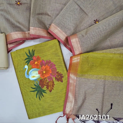 Designer mehandhi Green Premium Maheshwari silk unstitched salwar material(lining needed) hand brush paint design on front, beige silk cotton bottom, dual shade brush paint work on premium Maheshwari silk full length dupatta with tassels.JA262101