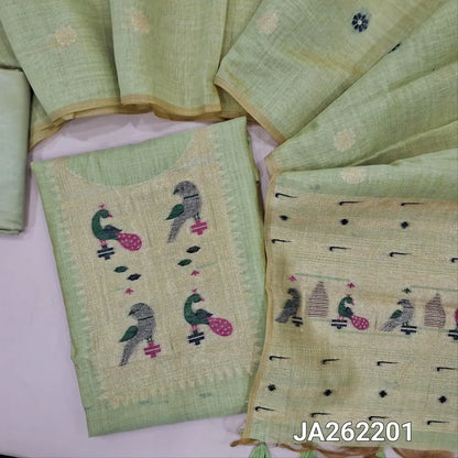 Premium pastel Green jamdani woven silk cotton unstitched salwar material(lining needed) heavy jamdani woven on yoke, matching silky bottom, jamdani woven silk cotton full length dupatta with tassels. JA262201