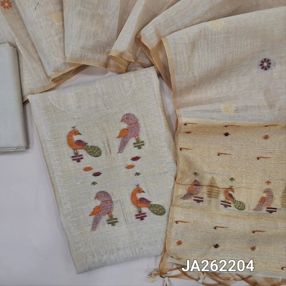Premium rich Beige jamdani woven silk cotton unstitched salwar material(lining needed) heavy jamdani woven on yoke, matching silky bottom, jamdani woven silk cotton full length dupatta with tassels. JA262204