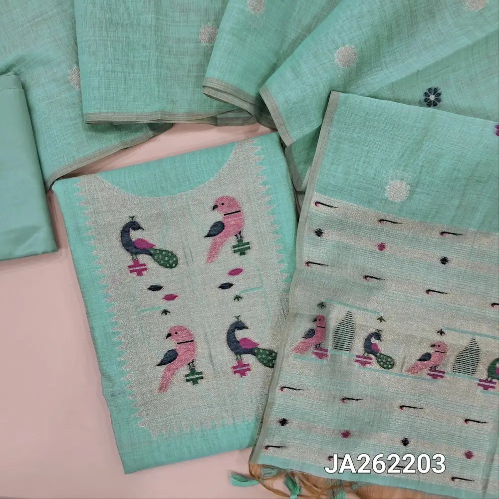 Premium pastel Blue jamdani woven silk cotton unstitched salwar material(lining needed) heavy jamdani woven on yoke, matching silky bottom, jamdani woven silk cotton full length dupatta with tassels. JA262202