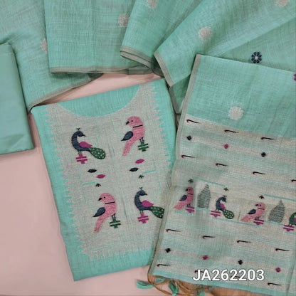 Premium pastel Blue jamdani woven silk cotton unstitched salwar material(lining needed) heavy jamdani woven on yoke, matching silky bottom, jamdani woven silk cotton full length dupatta with tassels. JA262202