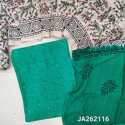 Premium Turquoise Green jakard crepe silk unstitched salwar material(silky, lining needed) zari buttas allover, block printed santoon bottom, drum dyed dual shaded block print premium chanderi dupatta(TAPING NEEDED).JA262116