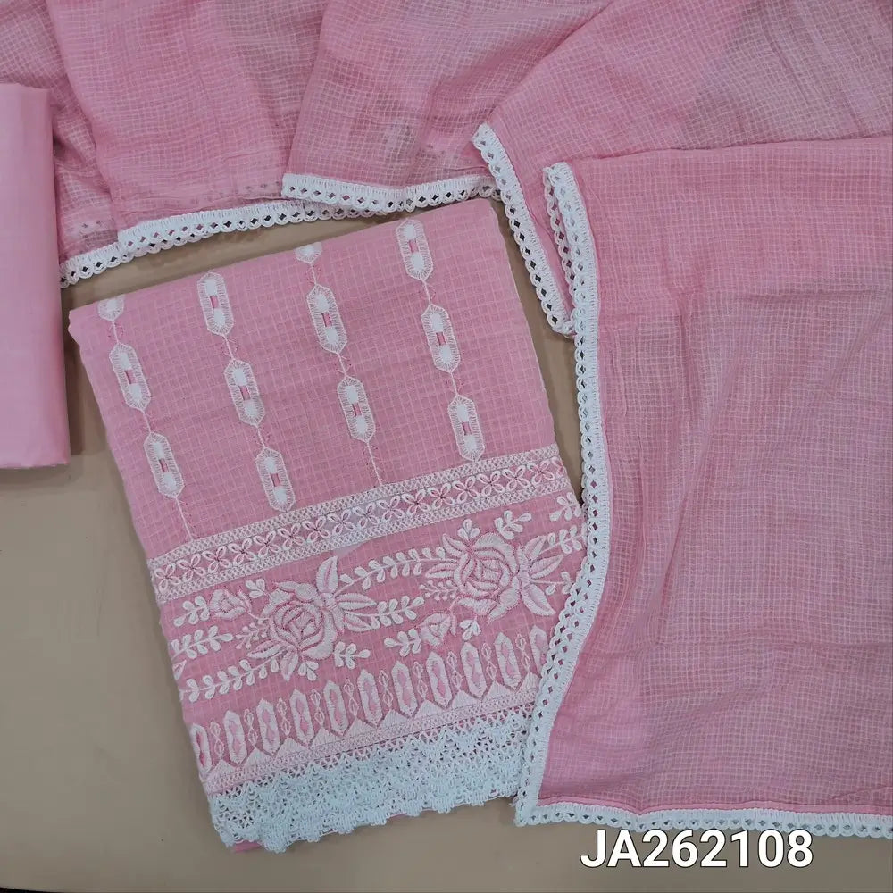 Pastel Pink fancy kota silk cotton unstitched salwar material(thin, lining needed) embroidery work on front, matching cotton bottom, soft kota cotton dupatta with lace tapings. JA262108