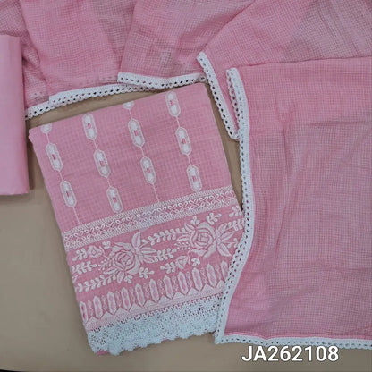Pastel Pink fancy kota silk cotton unstitched salwar material(thin, lining needed) embroidery work on front, matching cotton bottom, soft kota cotton dupatta with lace tapings. JA262108