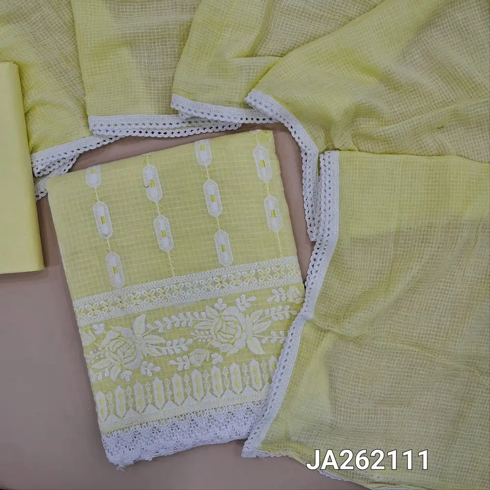 Pastel Yellow fancy kota silk cotton unstitched salwar material(thin, lining needed) embroidery work on front, matching cotton bottom, soft kota cotton dupatta with lace tapings. JA262111