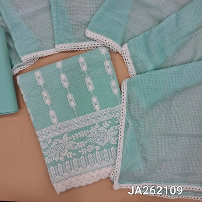 Pastel Blue fancy kota silk cotton unstitched salwar material(thin, lining needed) embroidery work on front, matching cotton bottom, soft kota cotton dupatta with lace tapings. JA262109