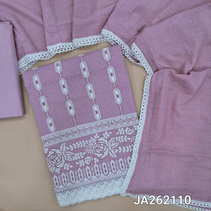 Lavender fancy kota silk cotton unstitched salwar material(thin, lining needed) embroidery work on front, matching cotton bottom, soft kota cotton dupatta with lace tapings. JA262110