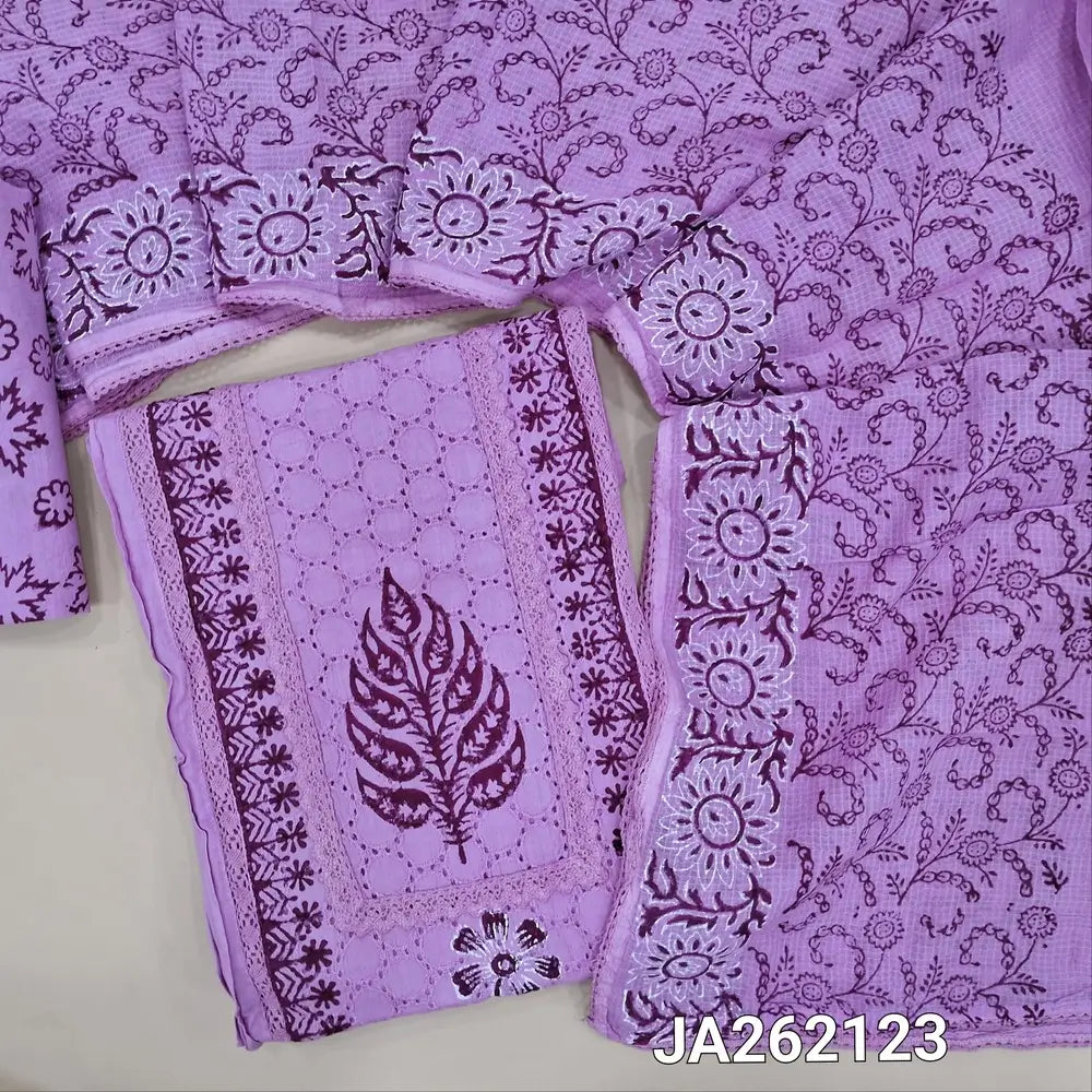Pastel Pink schiffli embroidered pure cotton unstitched salwar material(lining needed) panel design, hand block printed, matching printed cotton bottom, hand block printed kota cotton dupatta. JA262123