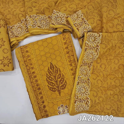 Mehandhi Yellow schiffli embroidered pure cotton unstitched salwar material(lining needed) panel design, hand block printed, matching printed cotton bottom, hand block printed kota cotton dupatta. JA262122