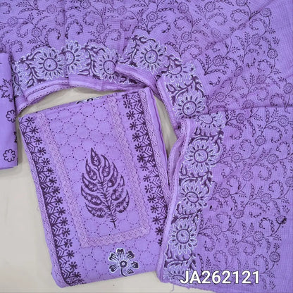 Lavender schiffli embroidered pure cotton unstitched salwar material(lining needed) panel design, hand block printed, matching printed cotton bottom, hand block printed kota cotton dupatta. JA262121