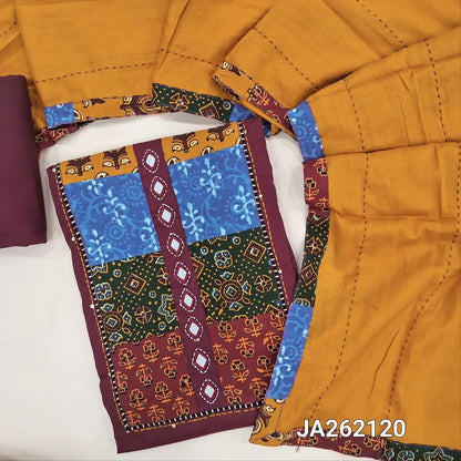 Premium Maroon pure cotton unstitched salwar material(lining needed) ajrak applique, real mirror work on yoke, matching cotton bottom, kantha stitch work on yellow cotton dupatta with tapings. JA262120