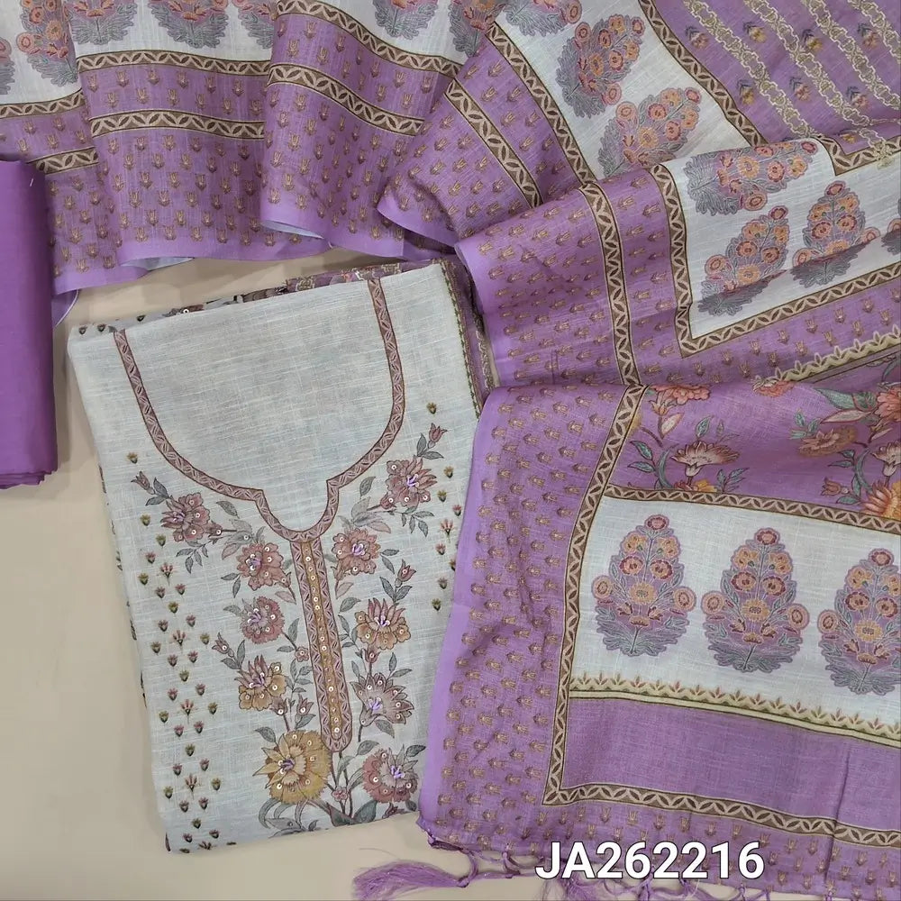 Designer floral printed Lavender tissue silk cotton unstitched salwar material(lining needed)half white panel design, thread work on daman, matching silky bottom, printed tissue silk cotton dupatta with tassels. JA262216