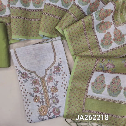 Designer floral printed pastel Green tissue silk cotton unstitched salwar material(lining needed)half white panel design, thread work on daman, matching silky bottom, printed tissue silk cotton dupatta with tassels. JA262218