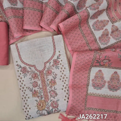 Designer floral printed pastel Pink tissue silk cotton unstitched salwar material(lining needed)half white panel design, thread work on daman, matching silky bottom, printed tissue silk cotton dupatta with tassels. JA262217