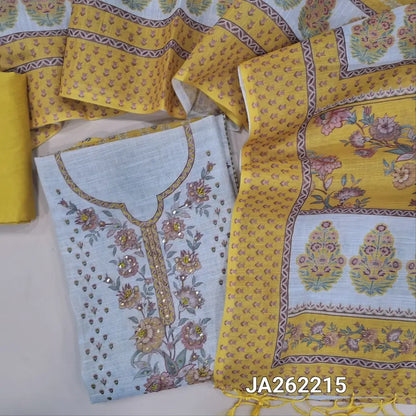 Designer floral printed mehandhi Yellow tissue silk cotton unstitched salwar material(lining needed)half white panel design, thread work on daman, matching silky bottom, printed tissue silk cotton dupatta with tassels. JA262215