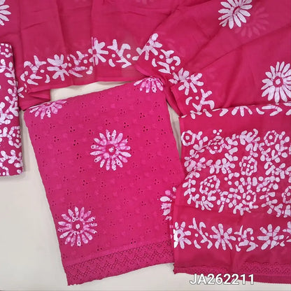 Pink schiffli embroidered pure cotton unstitched salwar material(lining needed) wax batik design allover, lace daman, batik dyed cotton bottom, batik dyed soft mul cotton full length dupatta(TAPING NEEDED). JA262211