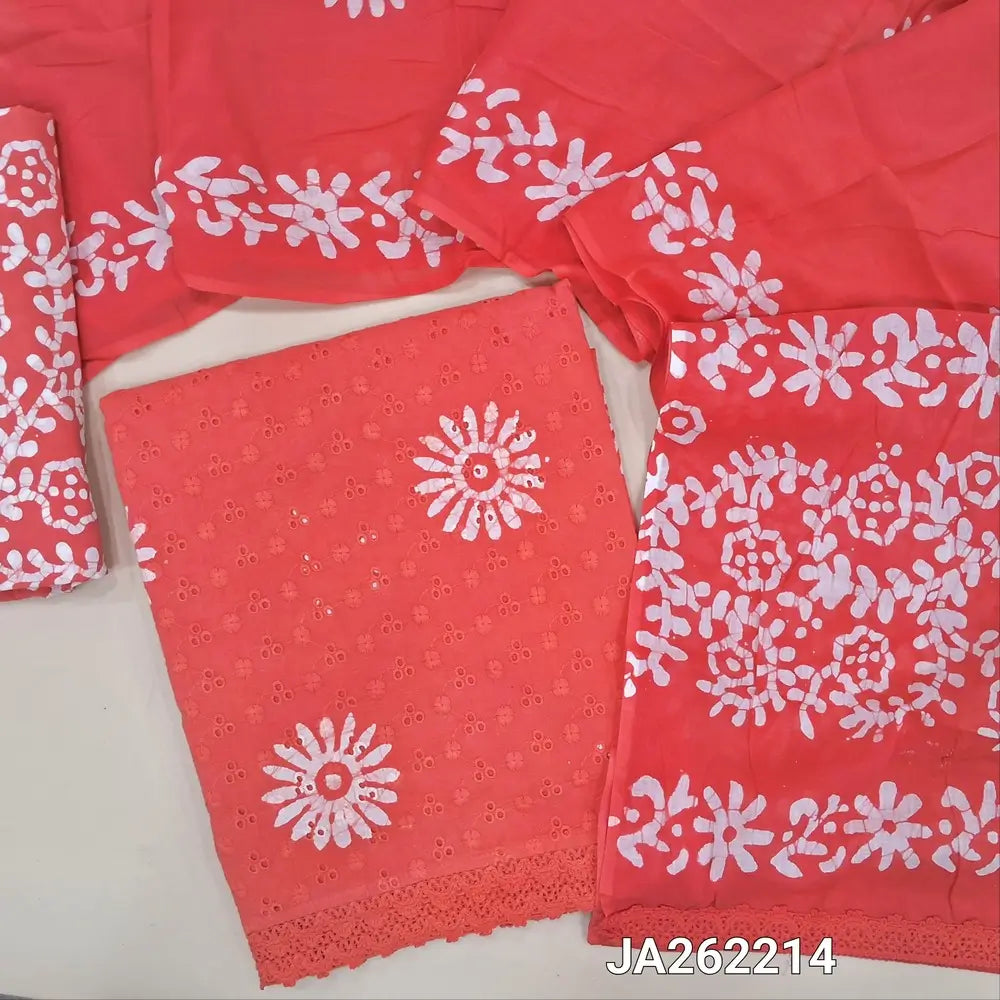 Peachish Pink schiffli embroidered pure cotton unstitched salwar material(lining needed) wax batik design allover, lace daman, batik dyed cotton bottom, batik dyed soft mul cotton full length dupatta(TAPING NEEDED). JA262214