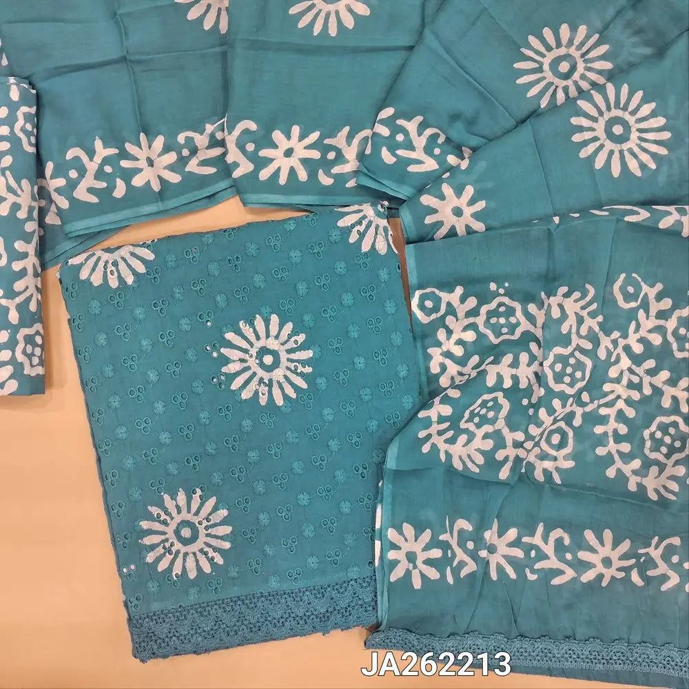 Pastel Blue schiffli embroidered pure cotton unstitched salwar material(lining needed) wax batik design allover, lace daman, batik dyed cotton bottom, batik dyed soft mul cotton full length dupatta(TAPING NEEDED). JA262213