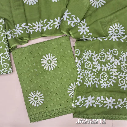 Light Green schiffli embroidered pure cotton unstitched salwar material(lining needed) wax batik design allover, lace daman, batik dyed cotton bottom, batik dyed soft mul cotton full length dupatta(TAPING NEEDED). JA262212