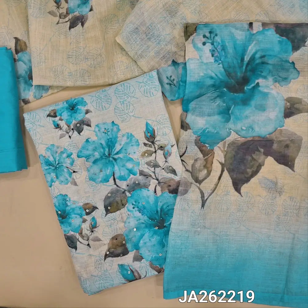 Floral printed pastel Blue& half white semi linen unstitched salwar material(lining needed) floral print, bead work on daman, matching silky bottom, digital floral printed semi linen dupatta (TAPING NEEDED). JA262219