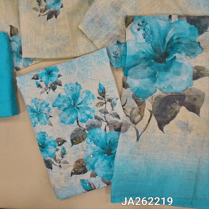 Floral printed pastel Blue& half white semi linen unstitched salwar material(lining needed) floral print, bead work on daman, matching silky bottom, digital floral printed semi linen dupatta (TAPING NEEDED). JA262219