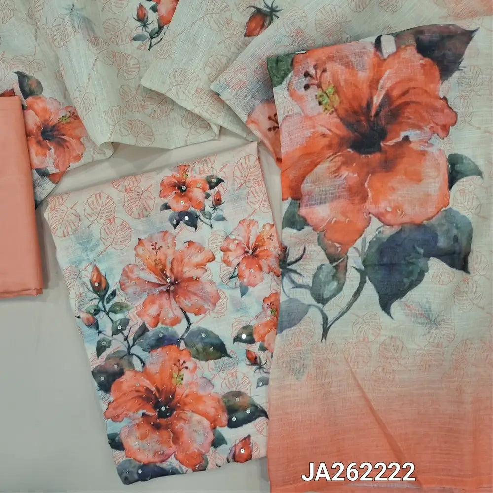 Floral printed pastel Peach & half white semi linen unstitched salwar material(lining needed) floral print, bead work on daman, matching silky bottom, digital floral printed semi linen dupatta (TAPING NEEDED). JA262222