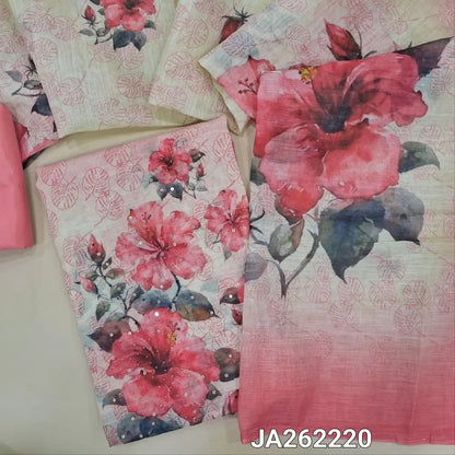 Floral printed Pink & half white semi linen unstitched salwar material(lining needed) floral print, bead work on daman, matching silky bottom, digital floral printed semi linen dupatta (TAPING NEEDED). JA262220