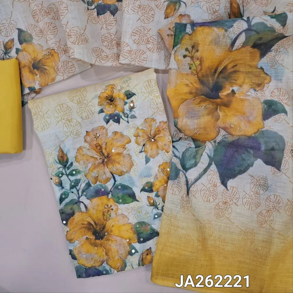 Floral printed mehandhi Yellow & half white semi linen unstitched salwar material(lining needed) floral print, bead work on daman, matching silky bottom, digital floral printed semi linen dupatta (TAPING NEEDED). JA262221