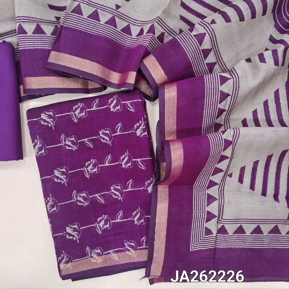 Floral printed Purple premium soft silk cotton unstitched salwar material(thin, lining needed) double side zari border, matching spun cotton bottom, abstract printed full length soft silk cotton dupatta (TAPING NEEDED).JA262226