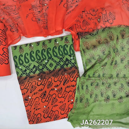 Orange & mossy Green premium georgette unstitched salwar material(lining needed) hand block print allover, printed santoon bottom, printed dual shaded premium chiffon dupatta. JA262207(TAPING NEEDED) (over lapping of prints not consider as a defect)