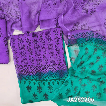 Purple & turquoise Green premium georgette unstitched salwar material(lining needed) hand block print allover, printed santoon bottom, printed dual shaded premium chiffon dupatta. JA262206(TAPING NEEDED) (over lapping of prints not consider as a defect)