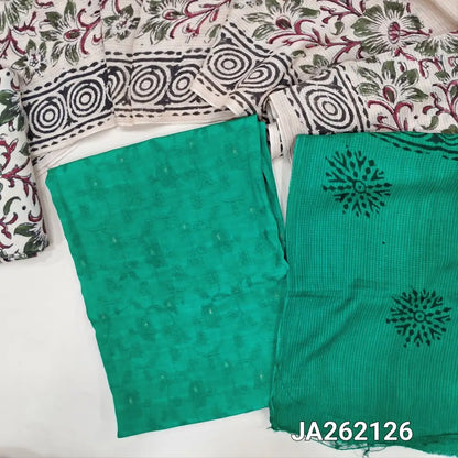 Premium Turquoise Green jakard crepe silk unstitched salwar material(silky, lining needed) zari buttas allover, block printed santoon bottom, drum dyed dual shaded block print premium chanderi dupatta(TAPING NEEDED).JA262126