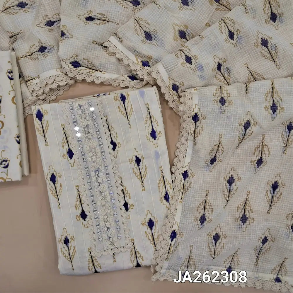Printed half White soft Cotton unstitched salwar material (lining needed) pintuck stitch work on panel, matching cotton bottom, printed kota cotton dupatta with lace tapings. JA262308