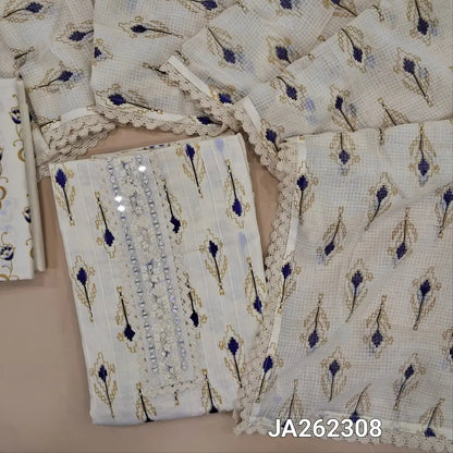 Printed half White soft Cotton unstitched salwar material (lining needed) pintuck stitch work on panel, matching cotton bottom, printed kota cotton dupatta with lace tapings. JA262308