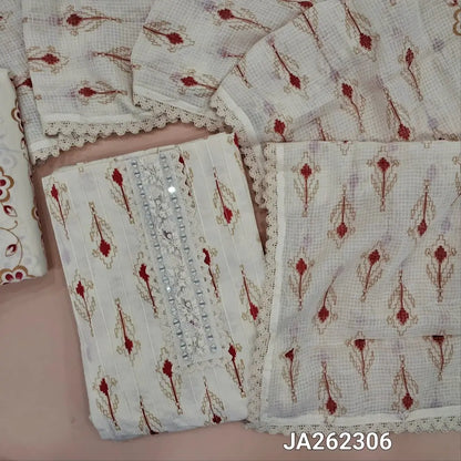 Printed half White soft Cotton unstitched salwar material (lining needed) pintuck stitch work on panel, matching cotton bottom, printed kota cotton dupatta with lace tapings. JA262306