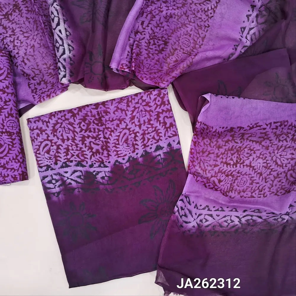 Premium Purple & lavender uppada silk unstitched salwar material(lining needed) hand block printed allover, santoon  bottom, dual shade hand block print premium chiffon dupatta(TAPING NEEDED). JA262312 (over lapping of prints not consider as a defect)